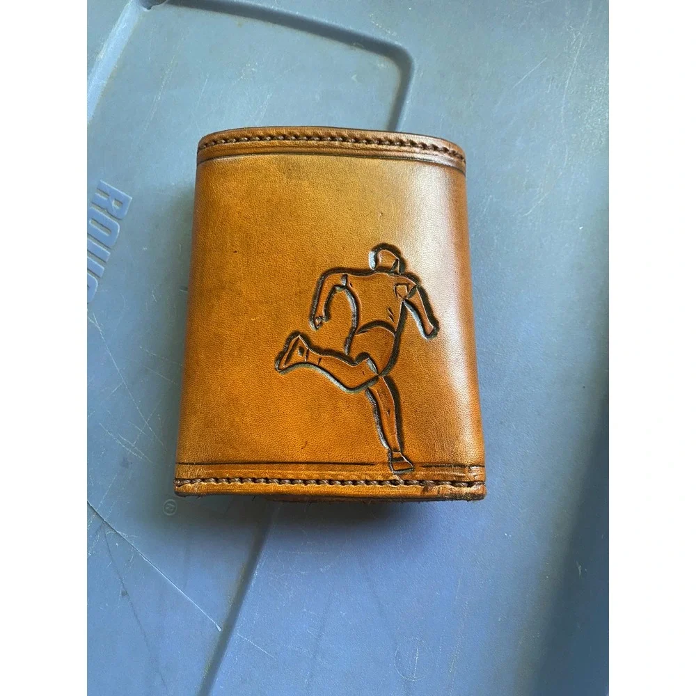 Vintage Tooled Leather Tennis Trifold Wallet Tan Handmade Preppy Sporty Western
